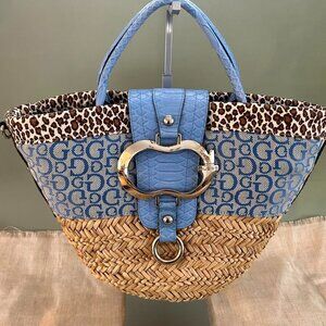 Vintage Guess Blue Logo Straw Tote with Leopard Trim